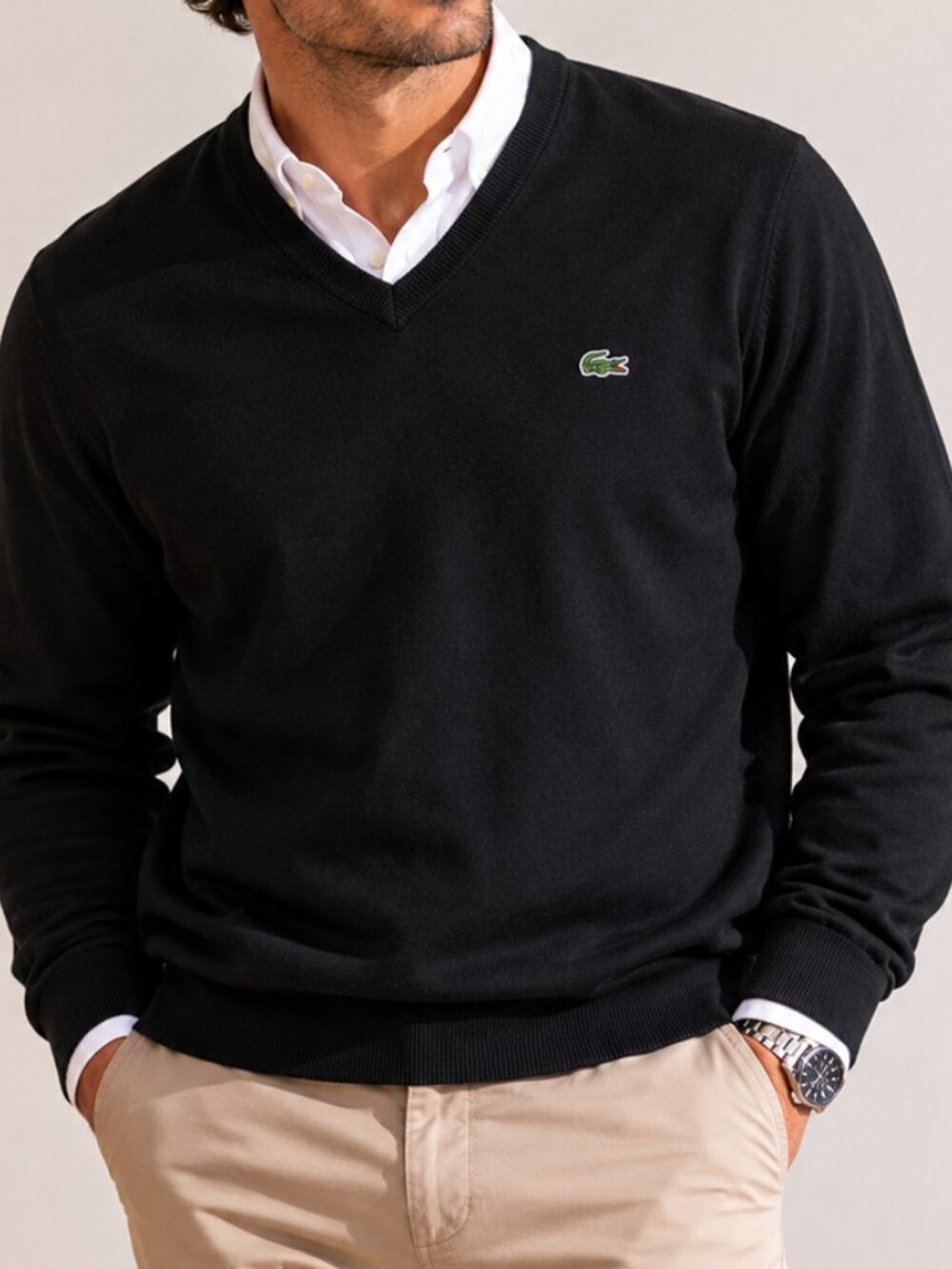 Lacoste Long Sleeve Solid V-Neck Sweater